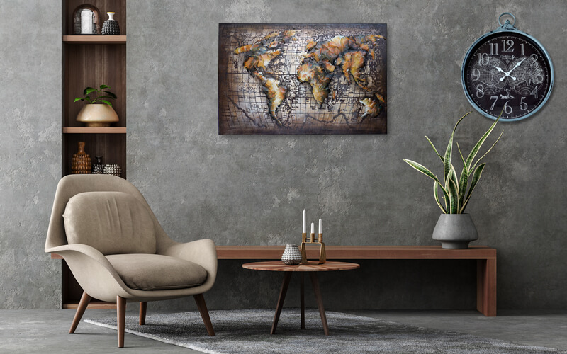 Metalen Schilderij 3D Wereldkaart-Goud Gave Specials